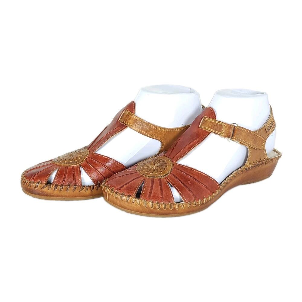 Pikolinos Women’s US6,5 EU37 Brown Leather Floral CutOuts Strappy Flat Sandals